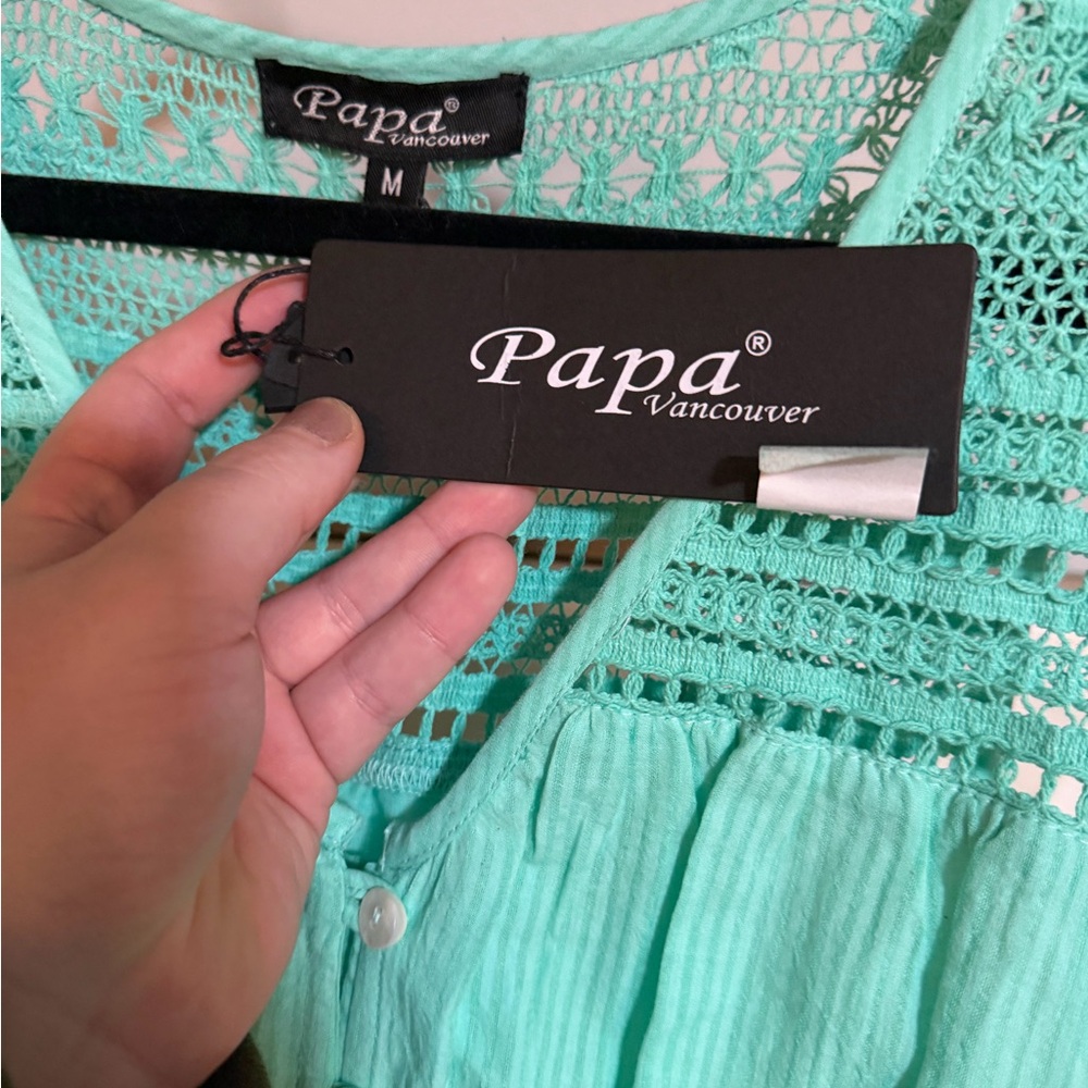 NWT Papa Vancouver Aqua Crochet Ruffle Button Seafoam Midi Dress - Picture 3 of 4